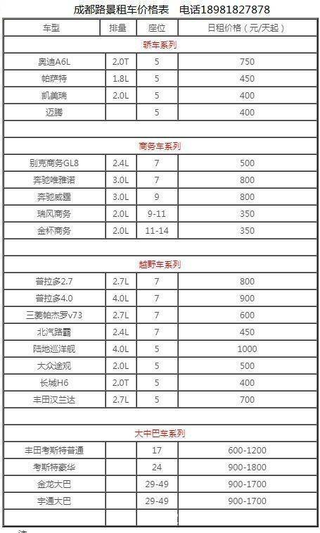 成都租車價(jià)格表